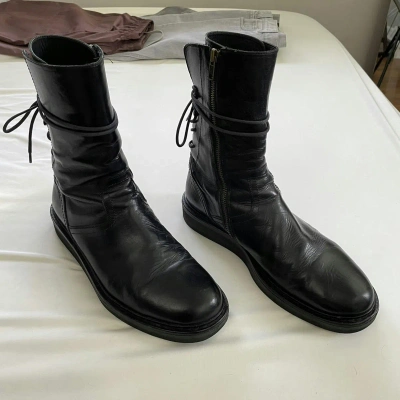 Pre-owned Ann Demeulemeester 2014 Vitello Backlace Boots In Black
