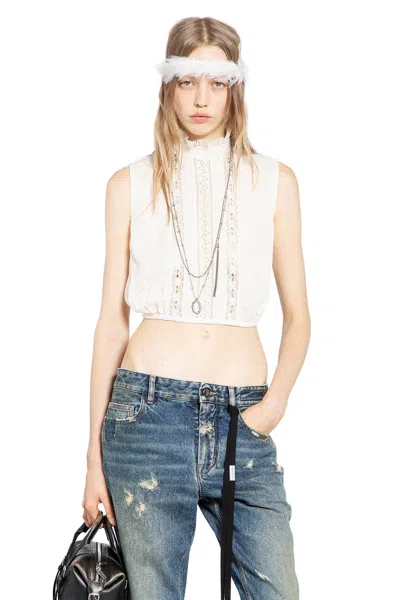 Ann Demeulemeester Ruffled-trim Lace-insert Top In Neutral