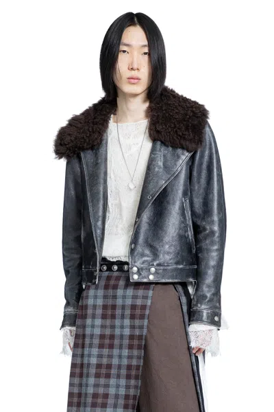 Ann Demeulemeester Binus Distressed Shearling Leather Jacket In Blue