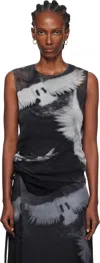 Ann Demeulemeester Black & Gray Doves Printed Tulle Tank Top In Gray
