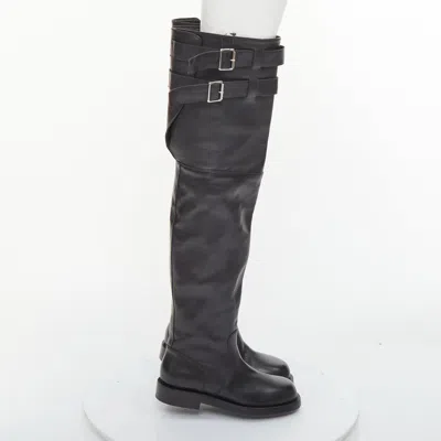Pre-owned Ann Demeulemeester Black Leather Silver Multi Buckles Over The Knee Boots Eu38