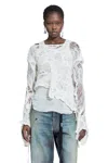 Ann Demeulemeester Cilia Off-shoulder Sweater In Ripped Sheer Knit In White