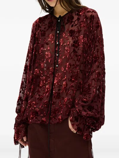 Ann Demeulemeester Devoré Velvet-rose Blouse In Burgundy