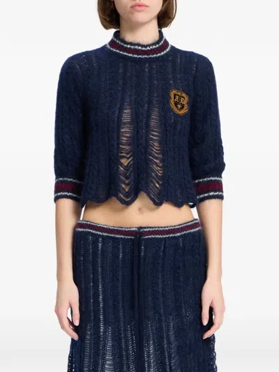 Ann Demeulemeester Distressed Cable-knit Sweater In Blue