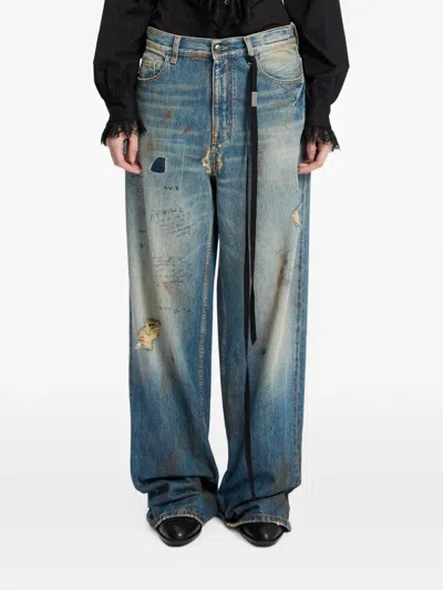 Ann Demeulemeester Distressed Script-print Jeans In Blue
