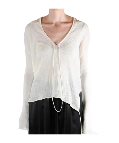 Ann Demeulemeester Drawstrings Eke Creponette Rib Deep V-neck Sweater In White