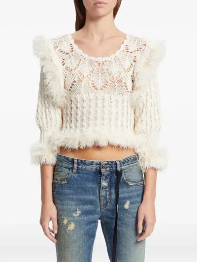 Ann Demeulemeester Dudu Feather-trim Pointelle-knit Sweater In White