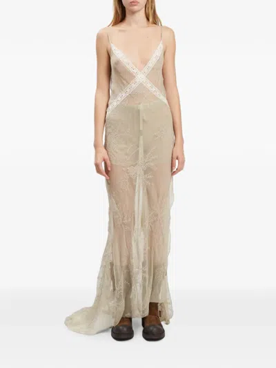 Ann Demeulemeester Embroidered Silk-voile Maxi Dress In Neutral