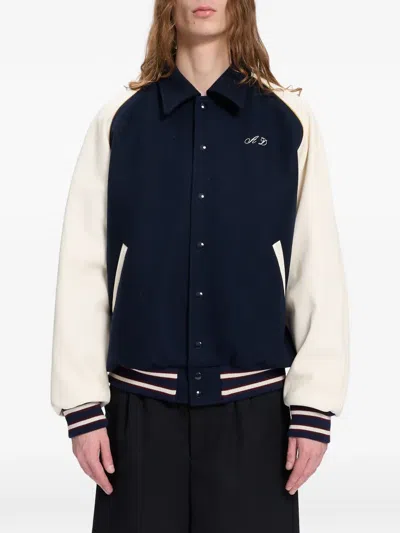 Ann Demeulemeester Embroidered-logo Panelled Bomber Jacket In Blue