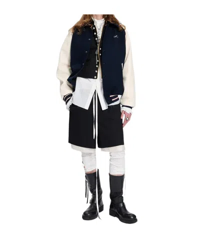 Ann Demeulemeester Embroidered-logo Panelled Bomber Jacket In Blue