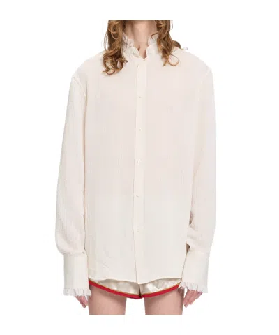 Ann Demeulemeester Flosi Stand Collar Standard Shirt With Silk Creponne Ruffles In Gray