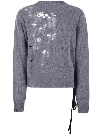 Ann Demeulemeester "gabriela" Destroyed Seed Stitch Crew Neck Sweater With Drawstrings