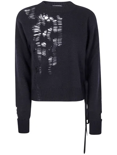 Ann Demeulemeester "gabriela" Destroyed Seed Stitch Crew Neck Sweater With Drawstrings