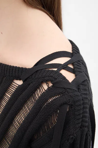 Ann Demeulemeester Gala Ladder Stitch Cropped Sweather With Laces In Black