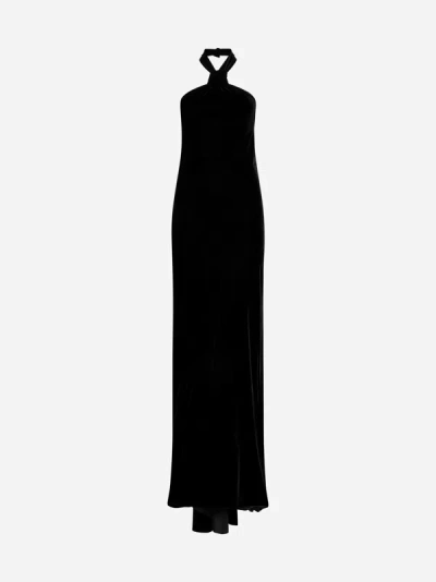 Ann Demeulemeester Long Dress With Velvet Texture And Open Back In Black