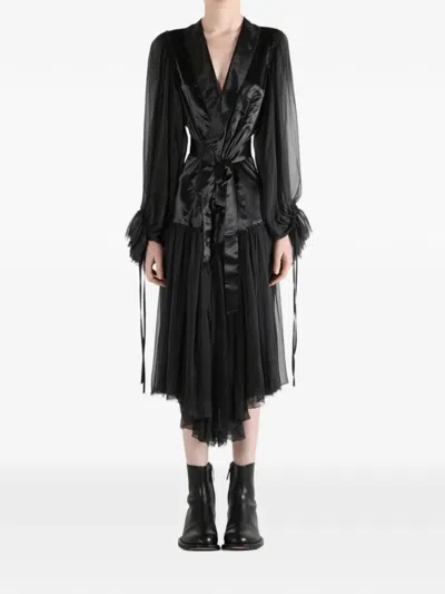 Ann Demeulemeester Voile Creponne Ruffle Contrast Iria Fluid Robe Dress In Black