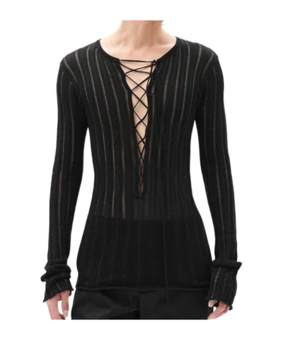 Ann Demeulemeester Kell Open Rib Laced Up Serafino Knit Top In Black