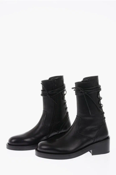 Ann Demeulemeester Leather Lace Up Ankle Boots Wit Side Zip