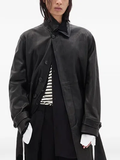 Ann Demeulemeester Leather Single-breasted Coat In Black