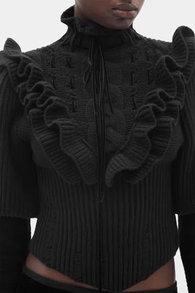 Ann Demeulemeester Liva Cable Knit Plastron Fitted Sweater In Blue