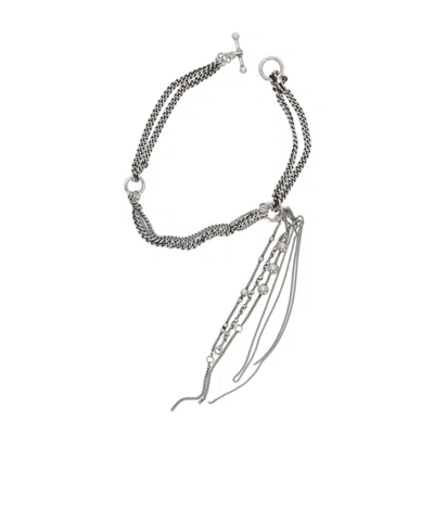 Ann Demeulemeester Long Chain Silver Pearl Necklace In Gray