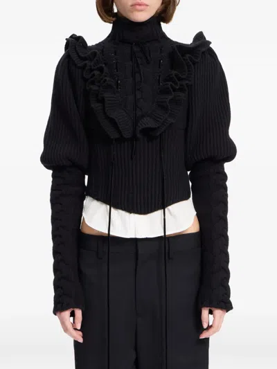 Ann Demeulemeester Ruffled-detail Cable-knit Sweater In Black