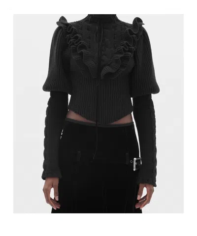 Ann Demeulemeester Ruffled-detail Cable-knit Sweater In Black