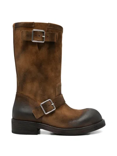 Ann Demeulemeester Sarith Engineer Buckle-detail Burnished-effect Boots In Brown