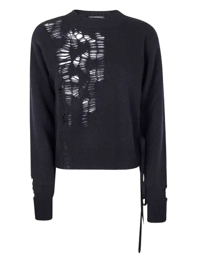 ANN DEMEULEMEESTER SIDE-TIE DISTRESSED WOOL SWEATER
