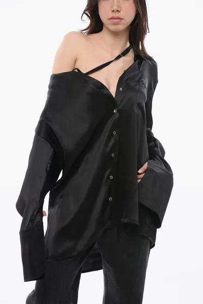 Ann Demeulemeester Silk Satin Dropped Shoulder Shirt With Asymmetric Design In Black