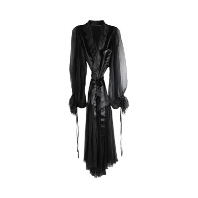 Pre-owned Ann Demeulemeester Silk Voile Creponne Ruffle Contrast Iria Fluid Robe Dress 'black' | Women's Size