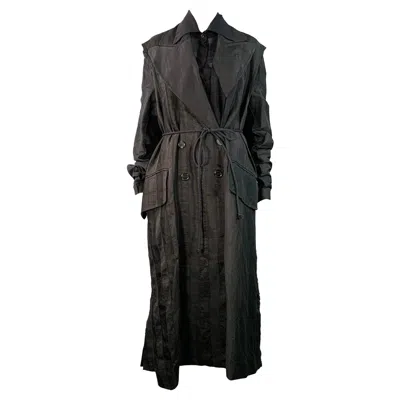 Pre-owned Ann Demeulemeester Size S Black Linen Blend Stripe Layered Double Breasted Trench Coat