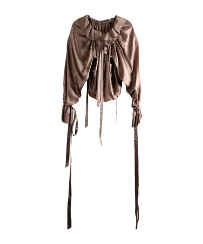 Ann Demeulemeester Stee Ruffled Drawstrings Stain Washed Top In Brown