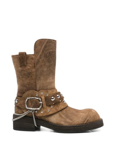 Ann Demeulemeester Studded Chain-link Ankle Boots In Brown