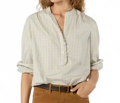 Ann Mashburn Becca Long Sleeve Half Button Top In Olive/ochre/blue Tattersall Brushed Twill In Gray