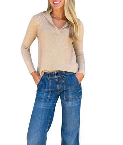Ann Mashburn Blaire Johnny-collar Jersey Sweater In Heather Oat Cashmere In Multi
