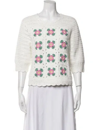 Pre-owned Ann Mashburn Crochet Floral Print Sweater In White