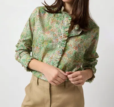 Ann Mashburn Elbow-sleeve Frill Shirt In Green Fields In Multi
