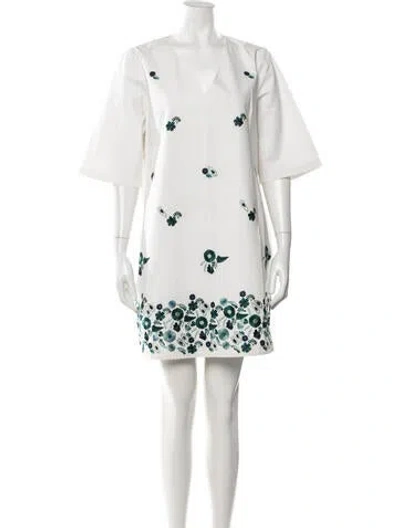 Pre-owned Ann Mashburn Floral Print Knee-length Dress In White