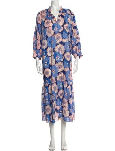 Pre-owned Ann Mashburn Floral Print Long Dress In Blue