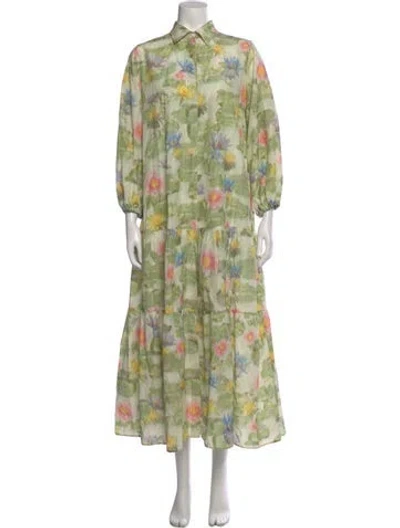 Pre-owned Ann Mashburn Floral Print Long Dress In Green