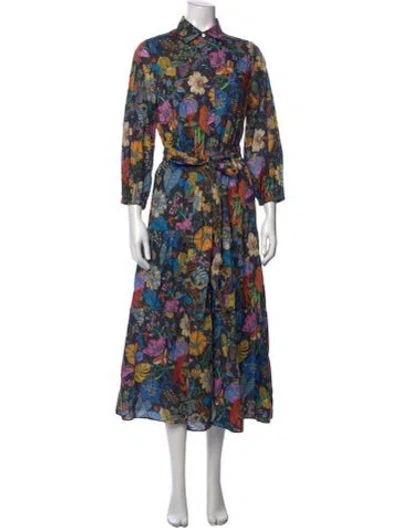 Pre-owned Ann Mashburn Floral Print Midi Length Dress In Blue