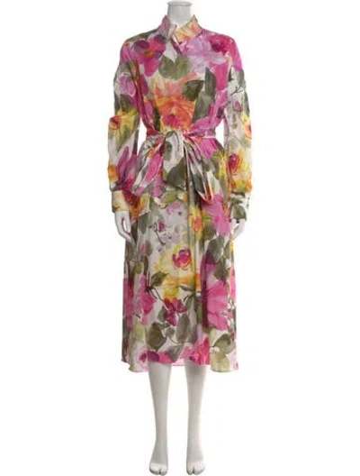 Pre-owned Ann Mashburn Floral Print Midi Length Dress In White