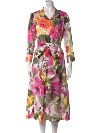 Pre-owned Ann Mashburn Floral Print Midi Length Dress In White