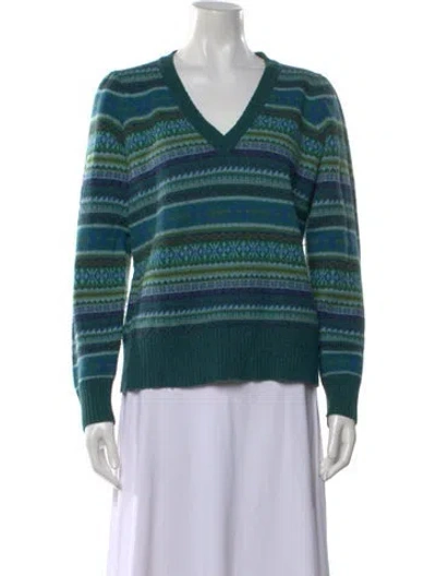 Pre-owned Ann Mashburn Merino Wool Striped Sweater In Green