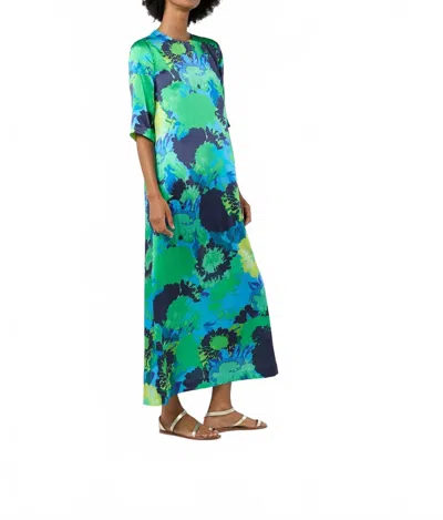 Ann Mashburn Paige Maxi Dress In Blue & Green Floral Printed Silk Charmeuse In Multi