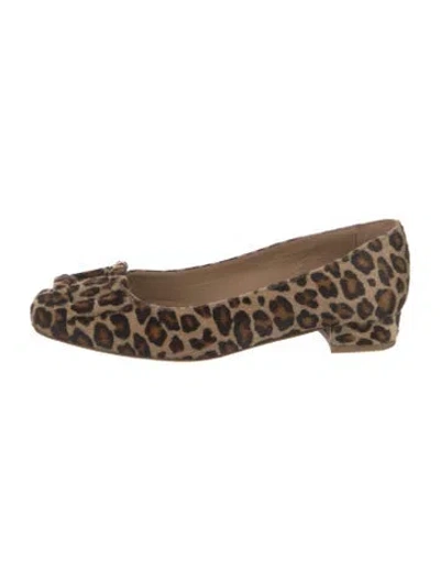 Pre-owned Ann Mashburn Ponyhair Animal Print Ballet Flats In Brown
