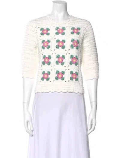 Pre-owned Ann Mashburn Printed Crew Neck Sweater In White