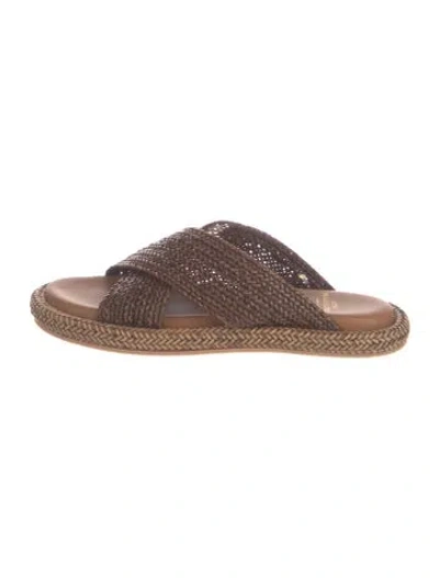 Pre-owned Ann Mashburn Raffia Slides In Brown