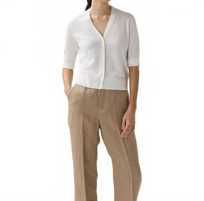 Ann Mashburn Short Sleeve Rosie V Neck Cardigan In Off White Linen In Multi